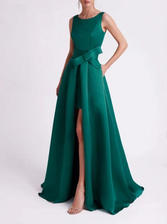 Luolandi A-Line Evening Gown High Split Dress Sleeveless V Neck Belt / Sash Satin with Slit Party Dress